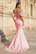 Yellow Satin Off-the-Shoulder Mermaid Pleated Long Formal Prom Dress with Sleeves - Curvevia