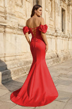 Yellow Satin Off-the-Shoulder Mermaid Pleated Long Formal Prom Dress with Sleeves - Curvevia