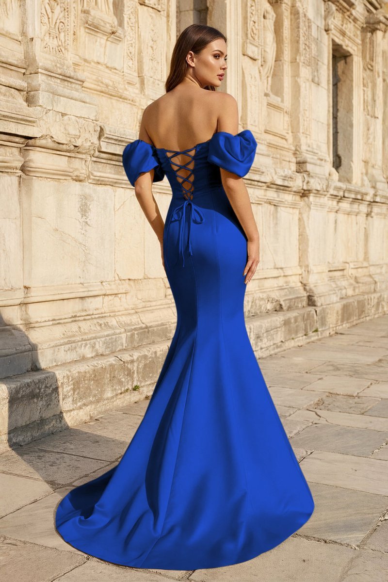 Yellow Satin Off-the-Shoulder Mermaid Pleated Long Formal Prom Dress with Sleeves - Curvevia
