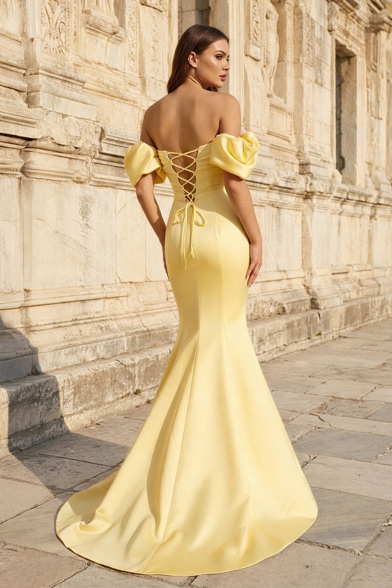 Yellow Satin Off-the-Shoulder Mermaid Pleated Long Formal Prom Dress with Sleeves - Curvevia
