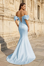 Yellow Satin Off-the-Shoulder Mermaid Pleated Long Formal Prom Dress with Sleeves - Curvevia