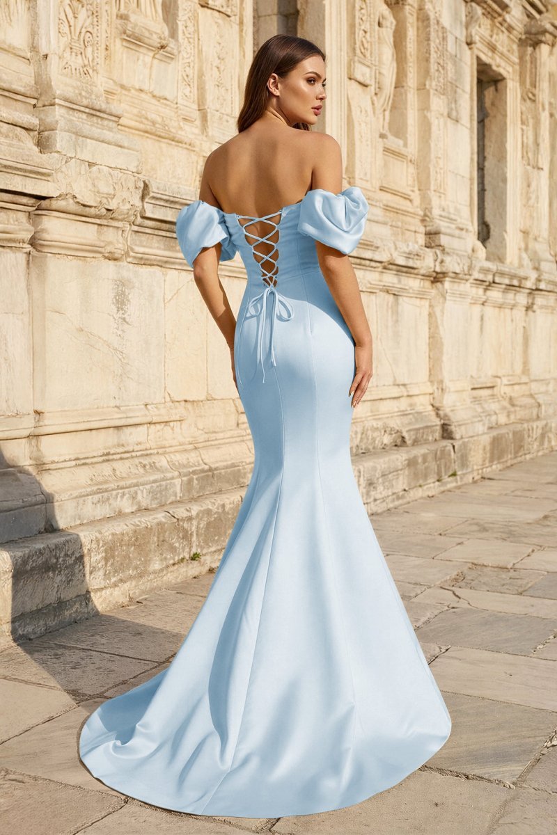 Yellow Satin Off-the-Shoulder Mermaid Pleated Long Formal Prom Dress with Sleeves - Curvevia