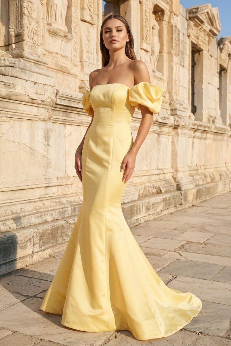 Yellow Satin Off-the-Shoulder Mermaid Pleated Long Formal Prom Dress with Sleeves - Curvevia