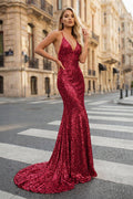 Sequined Evening Dress Mermaid V-Neck Sweep Train With Pleated - Curvevia
