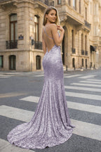 Sequined Evening Dress Mermaid V-Neck Sweep Train With Pleated - Curvevia