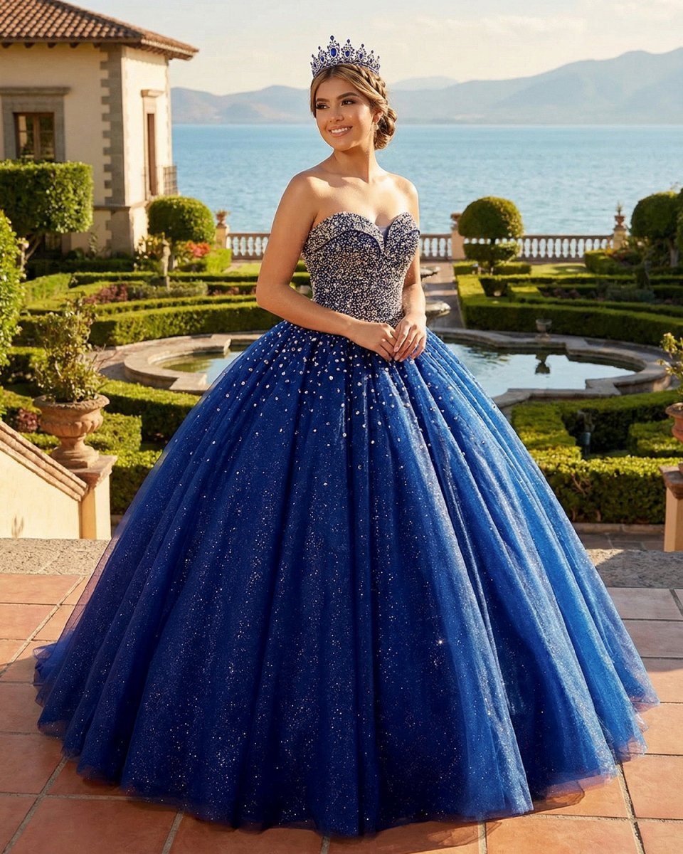 Navy Blue Sweetheart Tulle Quinceanera Dresses With Beadings - Curvevia