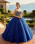 Navy Blue Sweetheart Tulle Quinceanera Dresses With Beadings - Curvevia