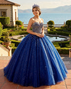 Navy Blue Sweetheart Tulle Quinceanera Dresses With Beadings - Curvevia