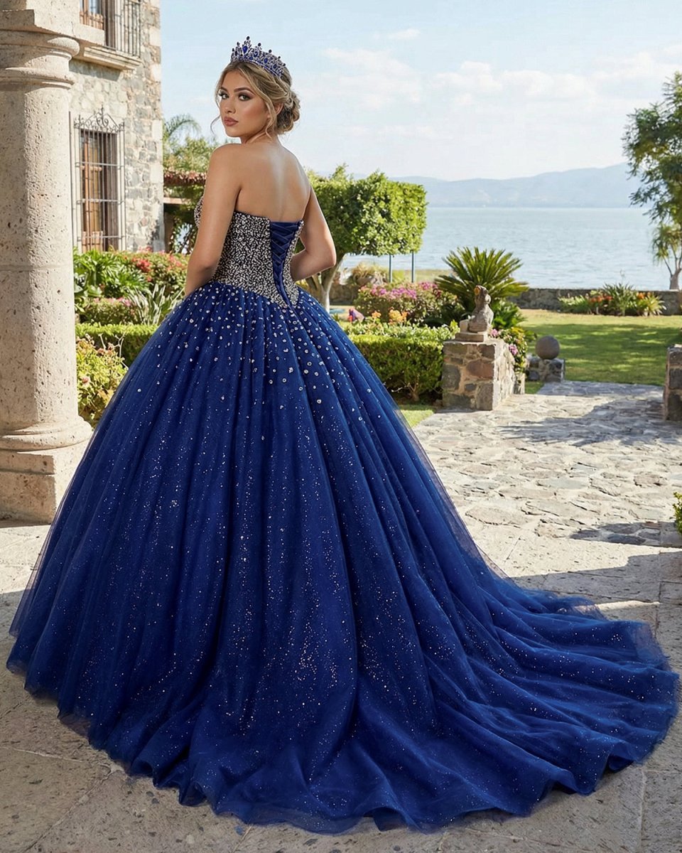 Navy Blue Sweetheart Tulle Quinceanera Dresses With Beadings - Curvevia