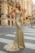 Sequined Evening Dress Mermaid V-Neck Sweep Train With Pleated - Curvevia