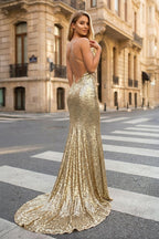 Sequined Evening Dress Mermaid V-Neck Sweep Train With Pleated - Curvevia