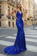 Sequined Evening Dress Mermaid V-Neck Sweep Train With Pleated - Curvevia