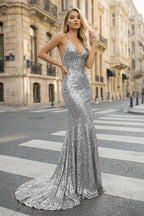 Sequined Evening Dress Mermaid V-Neck Sweep Train With Pleated - Curvevia