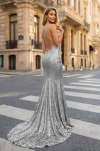 Sequined Evening Dress Mermaid V-Neck Sweep Train With Pleated - Curvevia