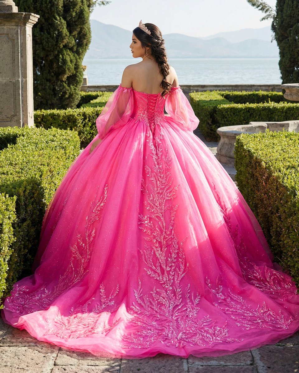 Lace Hot Pink Sequins Ball Gown Quinceañera Dress - Curvevia