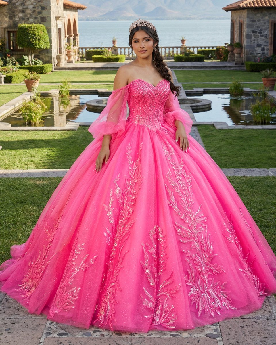 Lace Hot Pink Sequins Ball Gown Quinceañera Dress - Curvevia