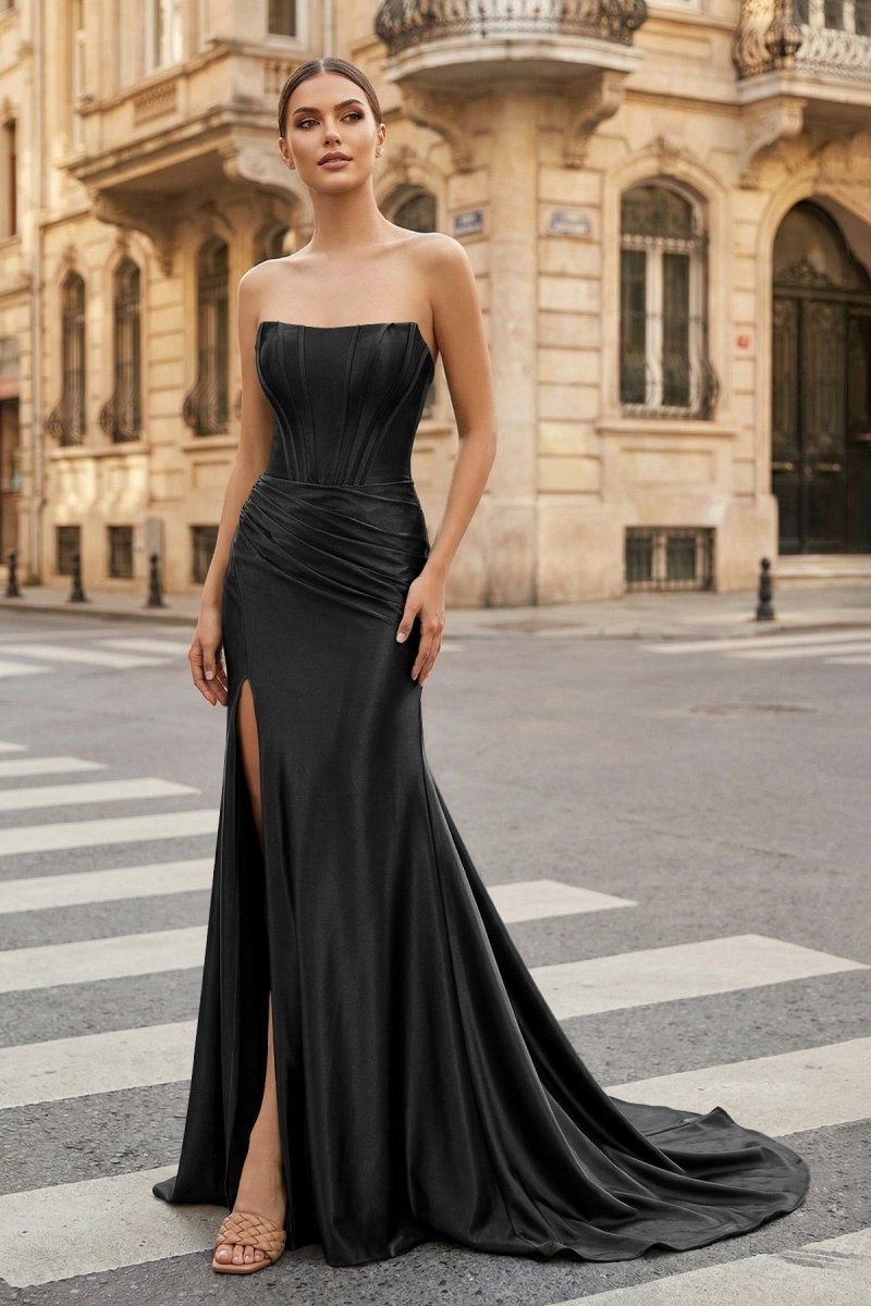 Dark Green Strapless Sheath Satin Long Evening Dress With Split - Curvevia