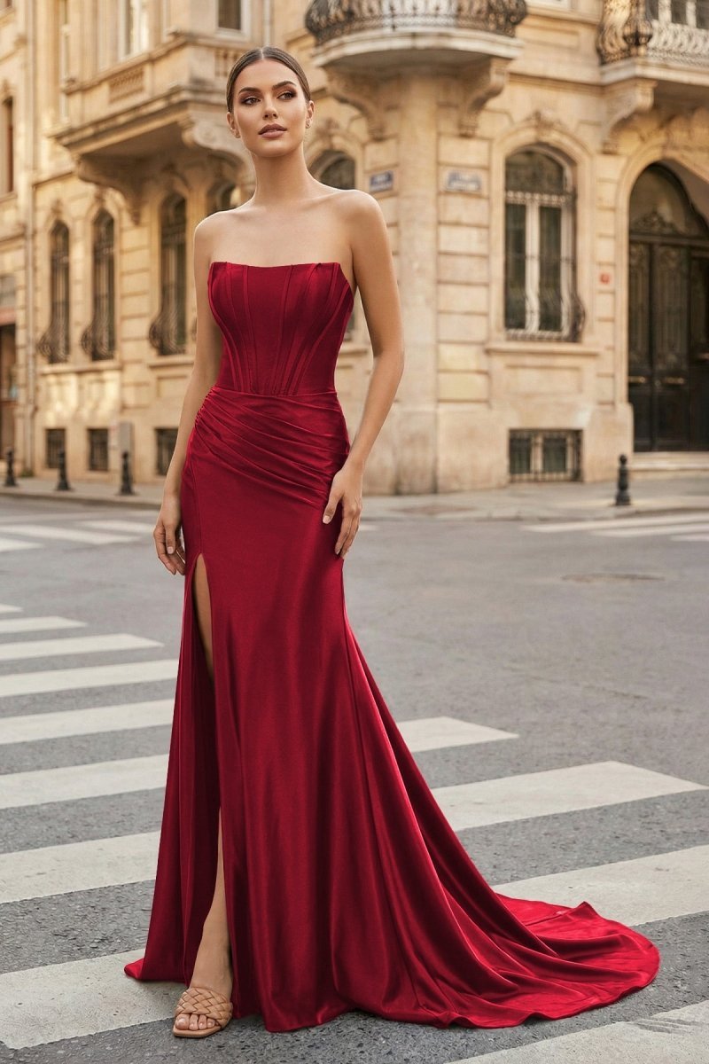 Dark Green Strapless Sheath Satin Long Evening Dress With Split - Curvevia