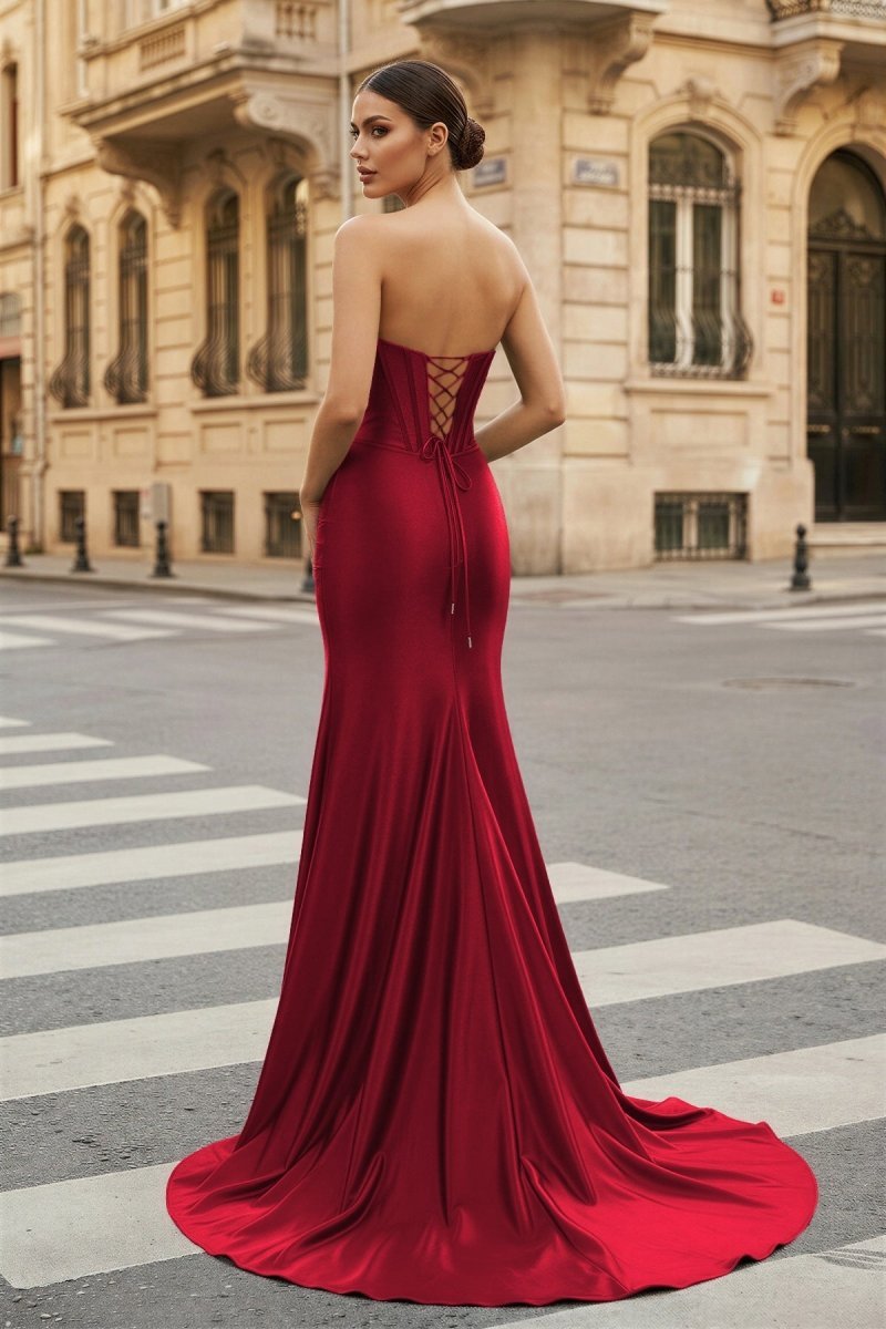 Dark Green Strapless Sheath Satin Long Evening Dress With Split - Curvevia