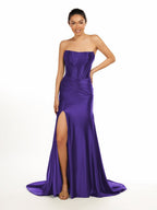Dark Green Strapless Sheath Satin Long Evening Dress With Split - Curvevia