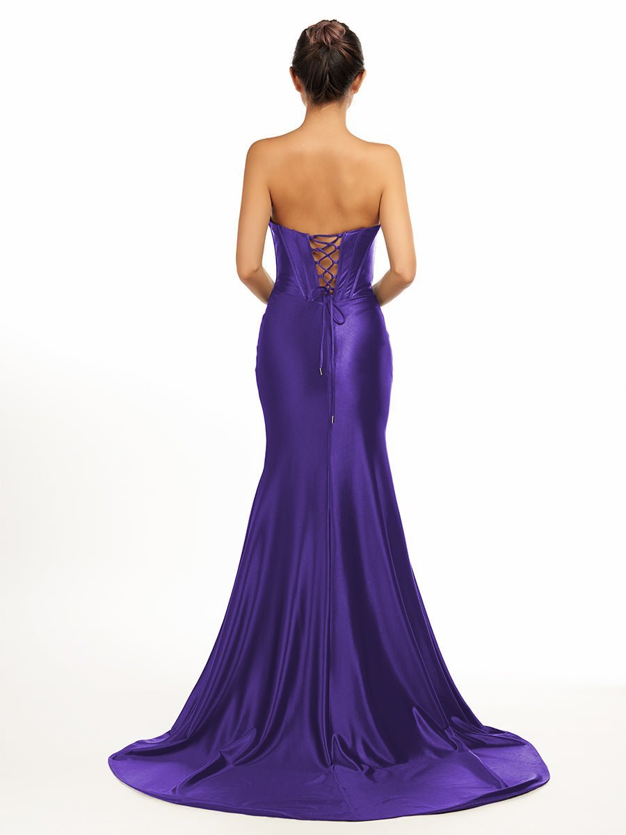 Dark Green Strapless Sheath Satin Long Evening Dress With Split - Curvevia