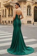 Dark Green Strapless Sheath Satin Long Evening Dress With Split - Curvevia