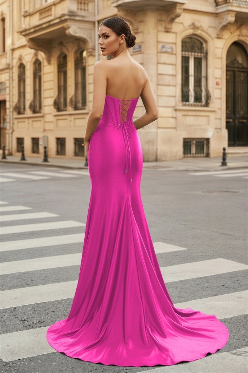 Dark Green Strapless Sheath Satin Long Evening Dress With Split - Curvevia
