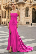 Dark Green Strapless Sheath Satin Long Evening Dress With Split - Curvevia