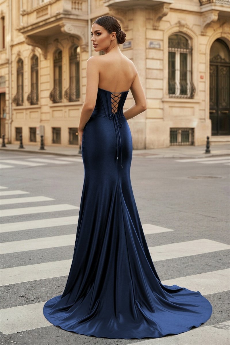 Dark Green Strapless Sheath Satin Long Evening Dress With Split - Curvevia