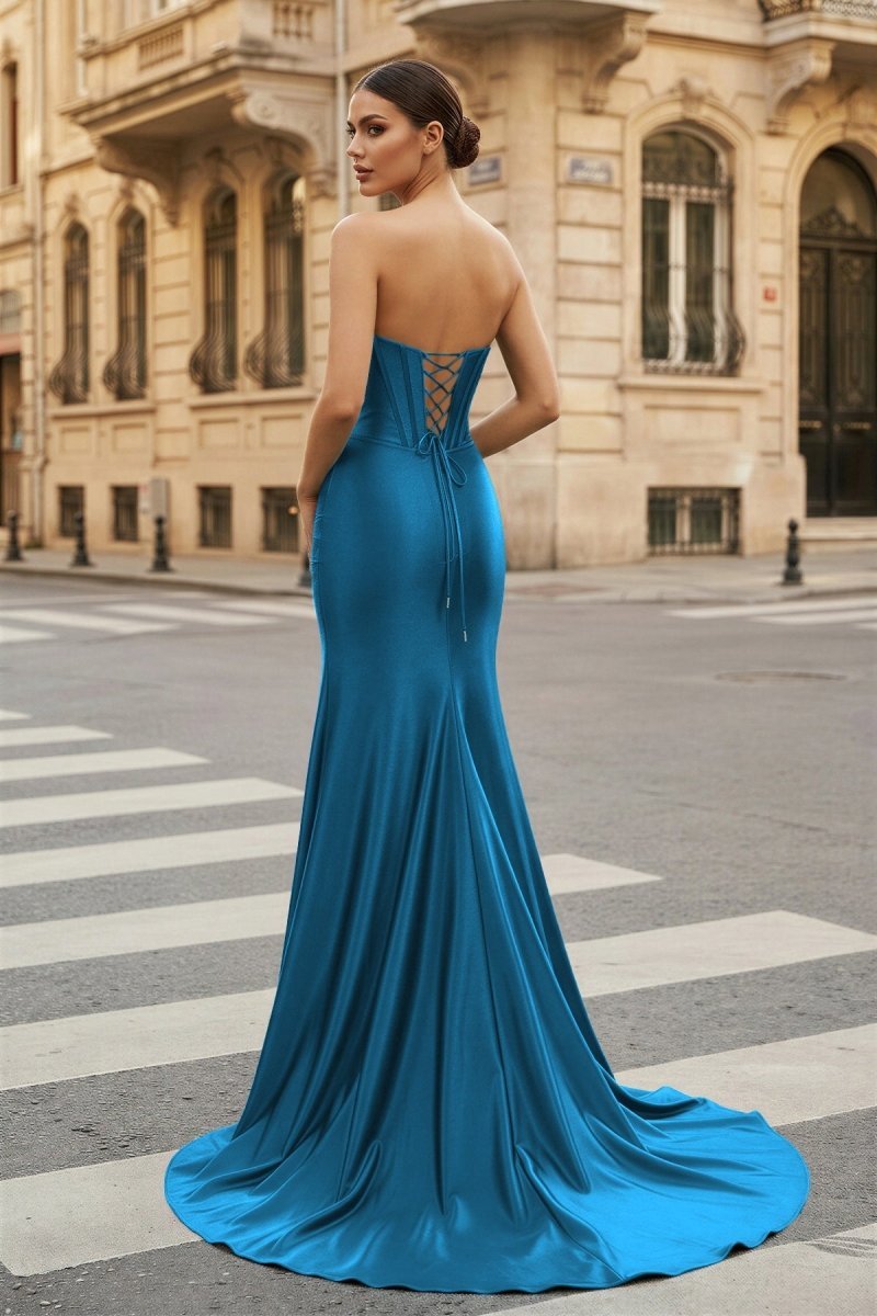 Dark Green Strapless Sheath Satin Long Evening Dress With Split - Curvevia