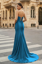 Dark Green Strapless Sheath Satin Long Evening Dress With Split - Curvevia