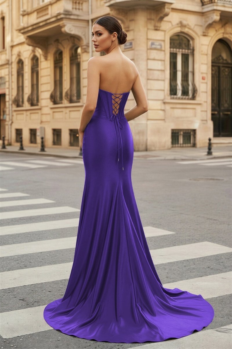 Dark Green Strapless Sheath Satin Long Evening Dress With Split - Curvevia