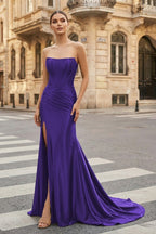 Dark Green Strapless Sheath Satin Long Evening Dress With Split - Curvevia
