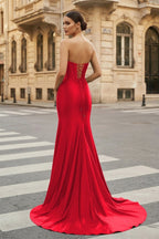 Dark Green Strapless Sheath Satin Long Evening Dress With Split - Curvevia