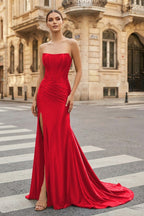 Dark Green Strapless Sheath Satin Long Evening Dress With Split - Curvevia