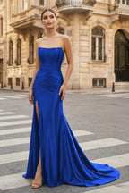 Dark Green Strapless Sheath Satin Long Evening Dress With Split - Curvevia