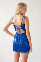 Royal Blue Sheath Deep V neck Sequins Appliques Sheath Mini Party Dresses - Curvevia