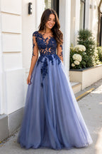 Sexy Long Sleeves Blue Lace Open Back Wedding Guest Dress Wedding Guest Dress - Curvevia