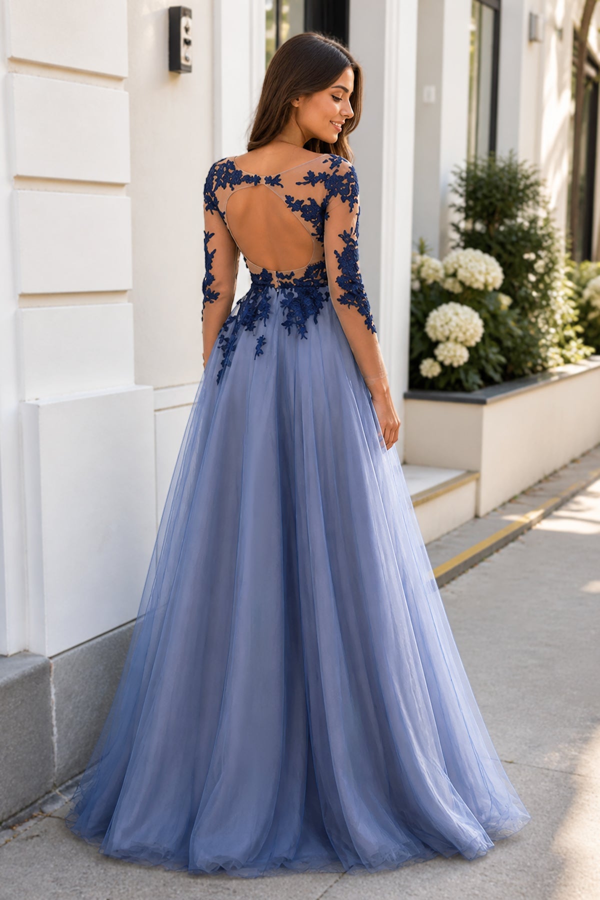 Sexy Long Sleeves Blue Lace Open Back Wedding Guest Dress Wedding Guest Dress - Curvevia