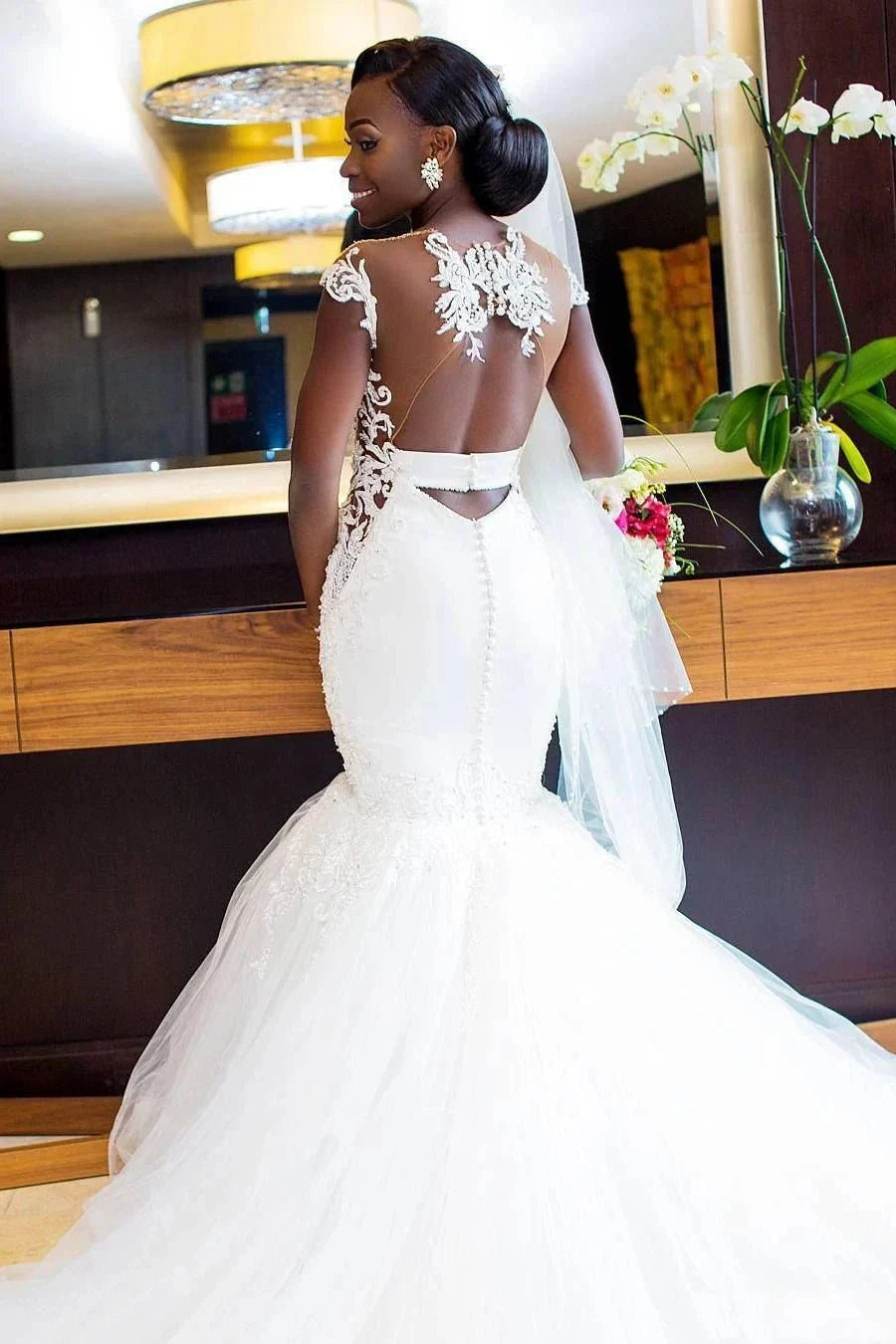 Sexy Mermaid Lace and Tulle Appliqued Cap Sleeve Bridal Gown - Curvevia