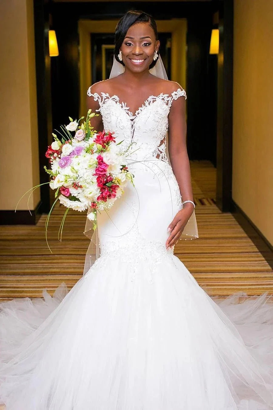 Sexy Mermaid Lace and Tulle Appliqued Cap Sleeve Bridal Gown - Curvevia