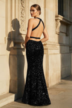 Halter Halter Sequined Sleeveless Mermaid Sparkly Long Prom Dress - Curvevia