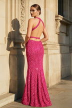 Halter Halter Sequined Sleeveless Mermaid Sparkly Long Prom Dress - Curvevia