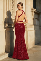 Halter Halter Sequined Sleeveless Mermaid Sparkly Long Prom Dress - Curvevia