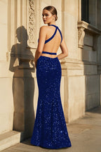 Halter Halter Sequined Sleeveless Mermaid Sparkly Long Prom Dress - Curvevia
