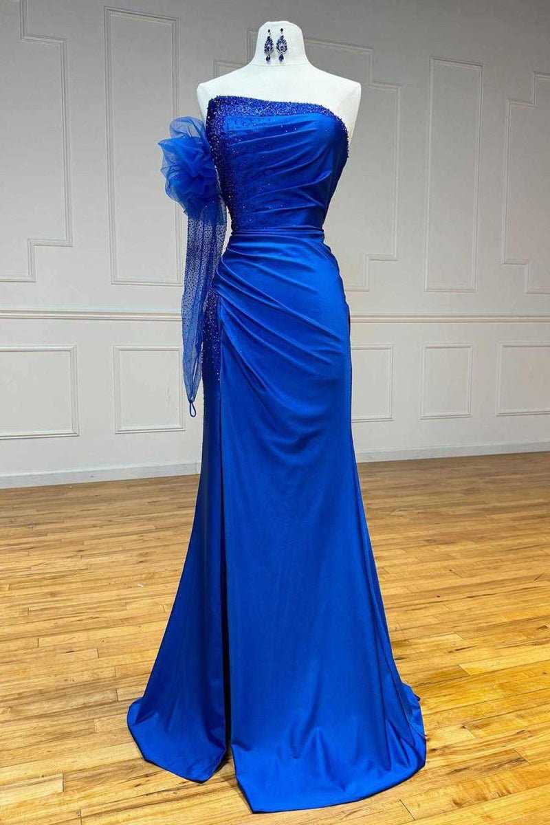 Mermaid One Shoulder Beaded Ruched Long Mother of the Bride Dress with Sleeve - Curvevia