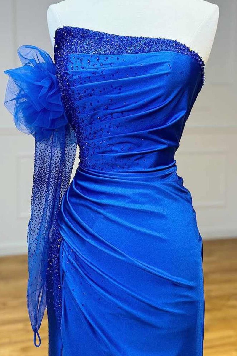 Mermaid One Shoulder Beaded Ruched Long Mother of the Bride Dress with Sleeve - Curvevia