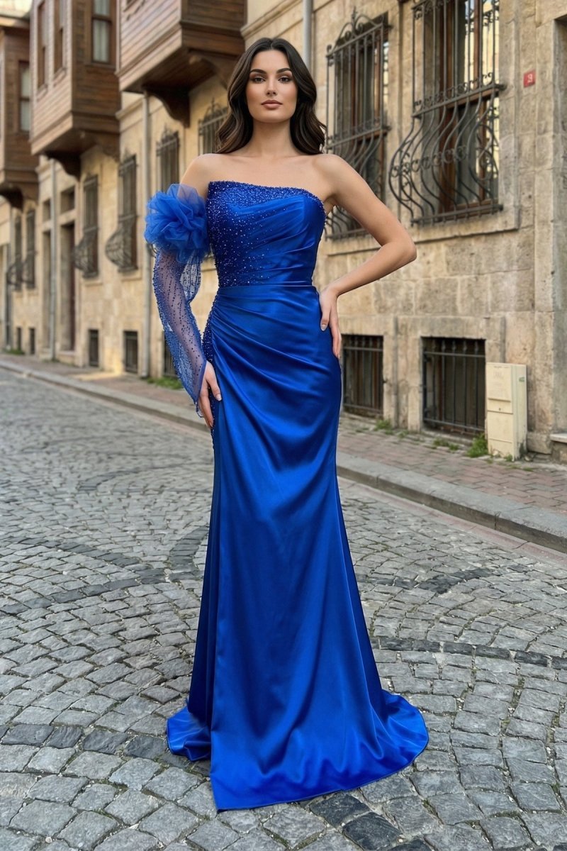 Mermaid One Shoulder Beaded Ruched Long Mother of the Bride Dress with Sleeve - Curvevia