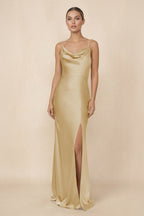 Sheath Cowl Neck Satin Bridesmaid Dress With Slit in Champagne - Curvevia