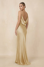 Sheath Cowl Neck Satin Bridesmaid Dress With Slit in Champagne - Curvevia